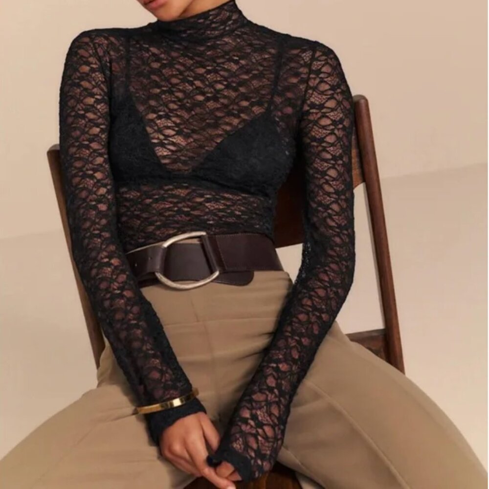 Reformation Nell Knit Top in Black Lace, Size M